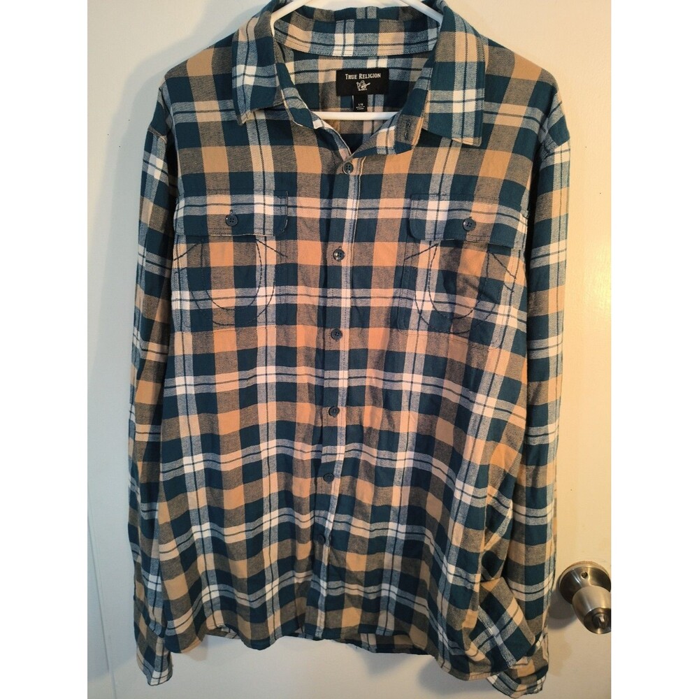 True Religion Shirt Button Down Mens L Long Sleeve Cotton Plaid Casual